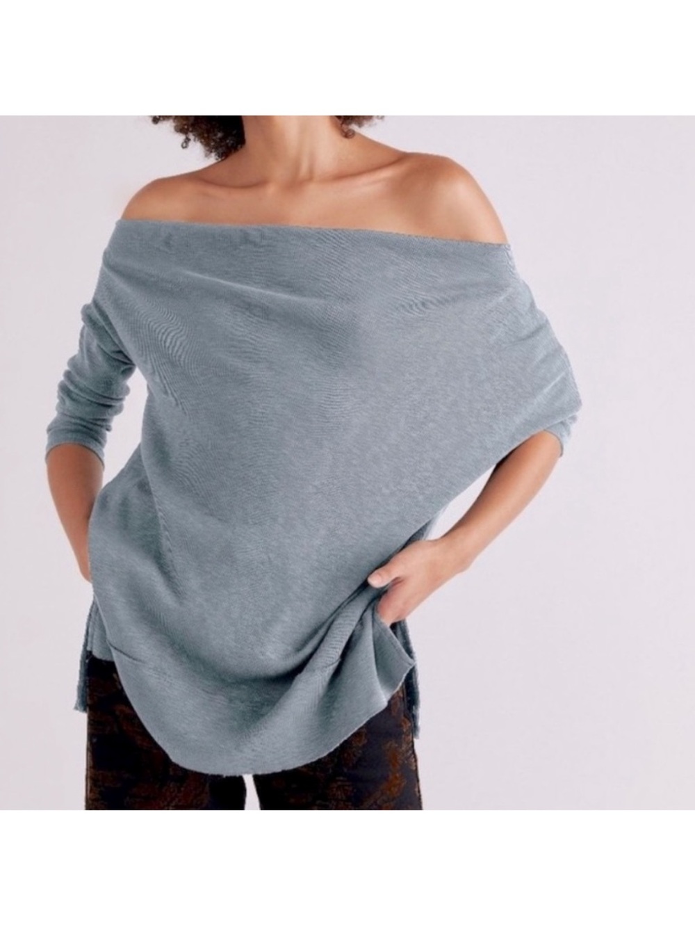 FREE PEOPLE Get Together Long Sleeve Off the Shoulder Top • Light Grey • Size L